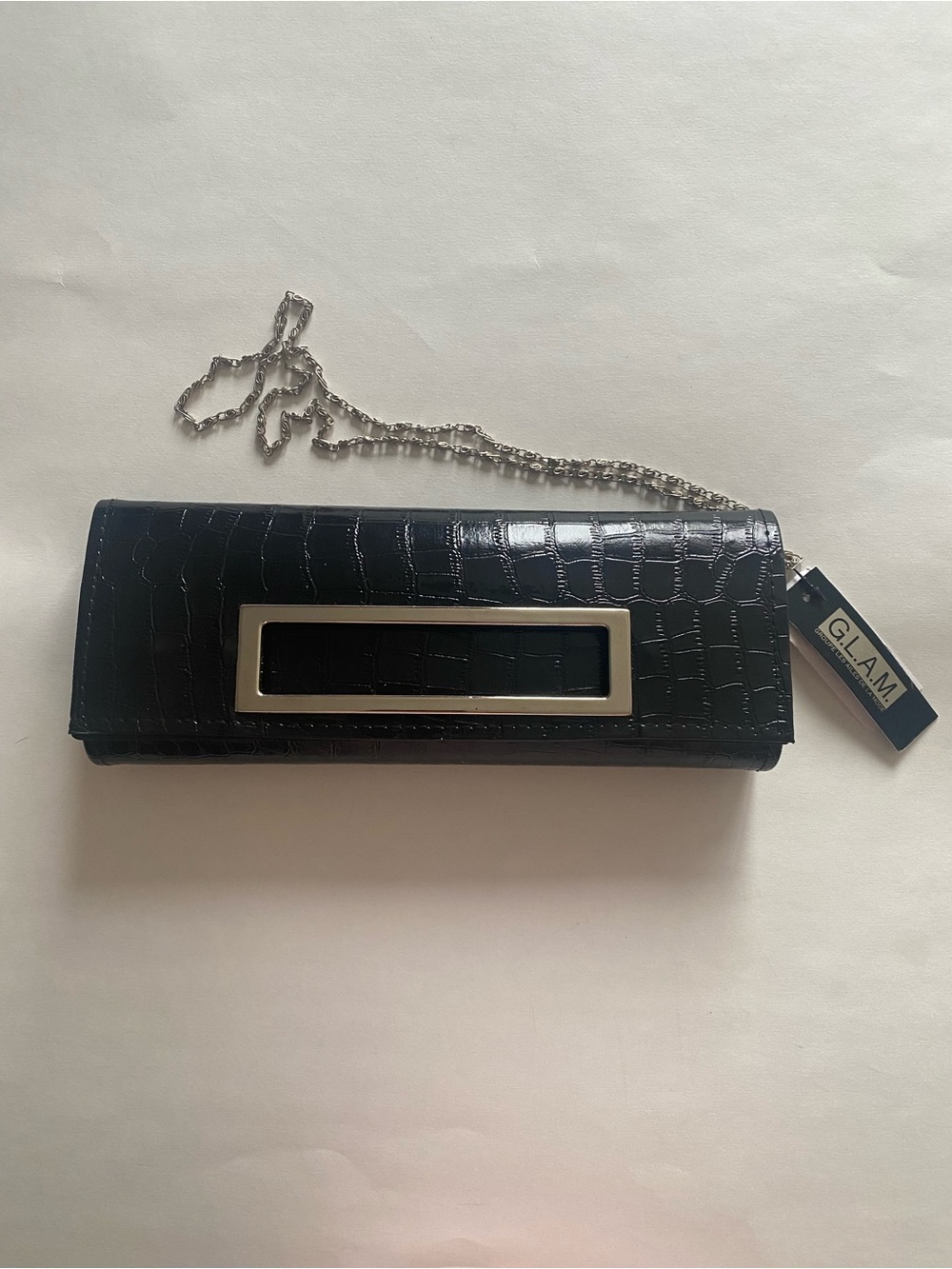 GLAM Black Croc-Embossed Chain Wristlet Clutch